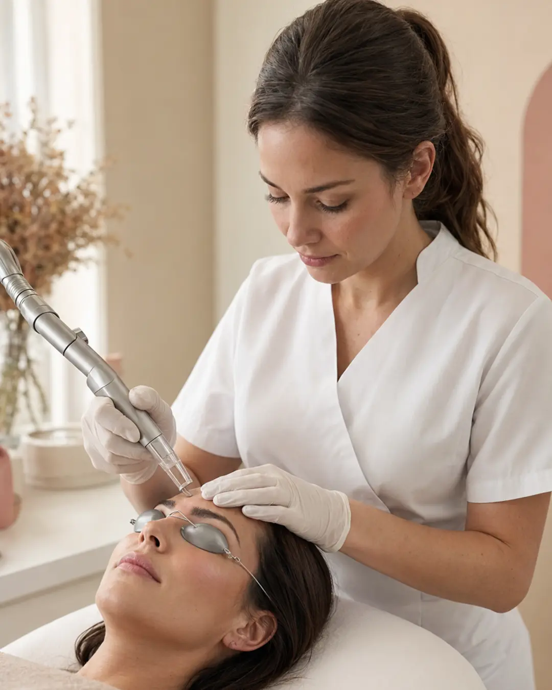 Verpleegkundige behandelt permanente make up op de wenkbrauwen met een PICO laser en volledige oogbescherming