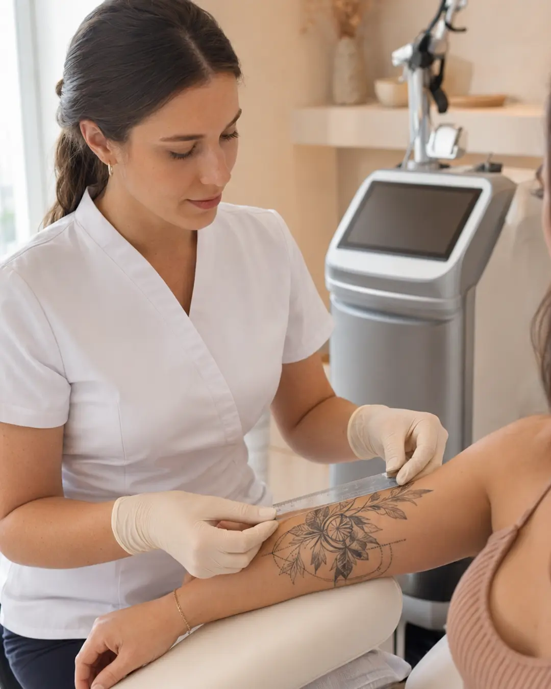 Illustratieve beoordeling en meting van een tattoo tijdens een intake bij Bellani
